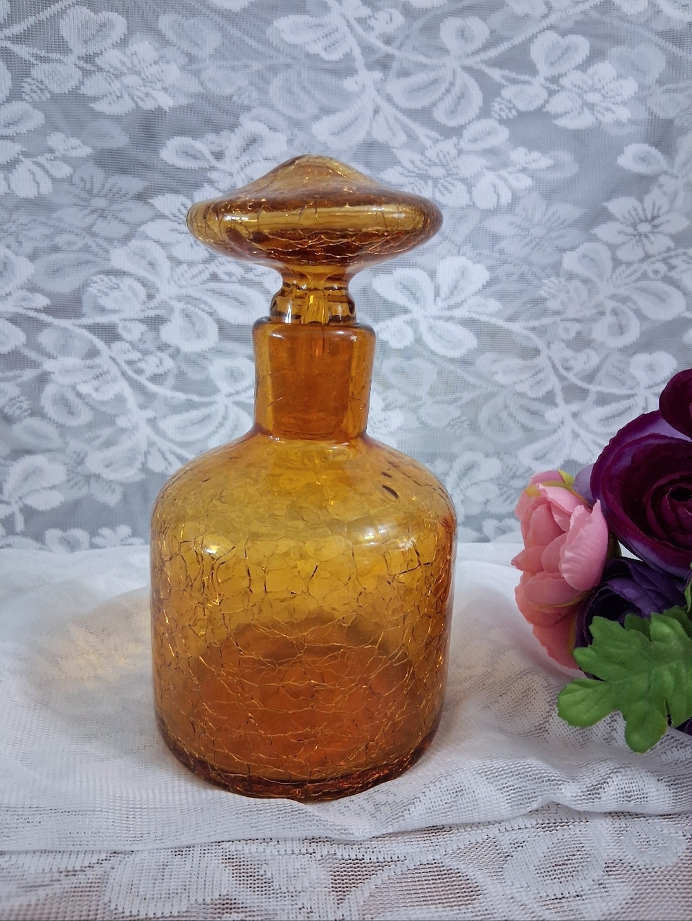 Vintage Rainbow Glass 9865 Mushroom Stopper Amber Crackle Glass Decanter